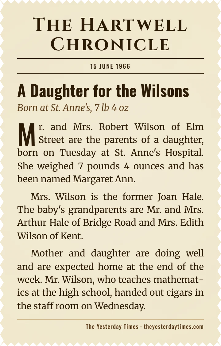 Vintage birth announcement newspaper clipping from 1966, for a 60th birthday