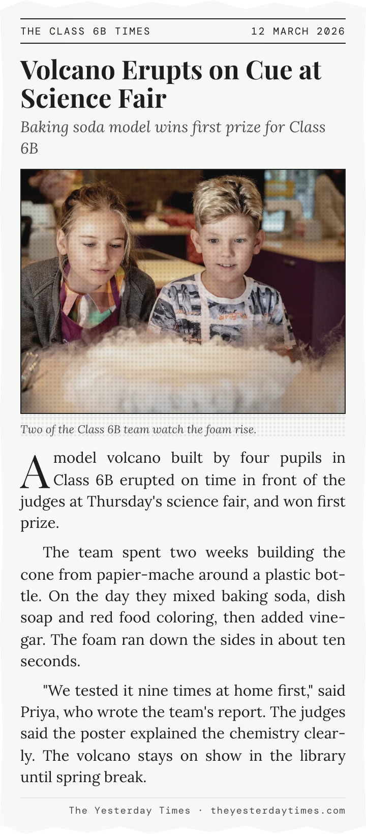 Newspaper article for a school project, set in a column on white paper