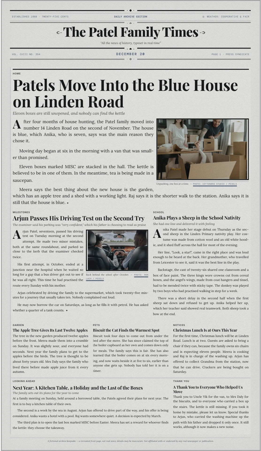 Family newsletter set as a newspaper front page, on vellum paper