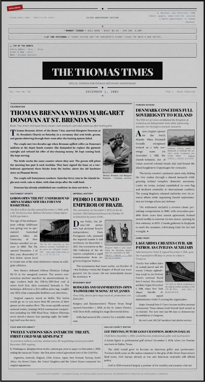 Silver anniversary newspaper front page from a 2001 wedding day on noir paper