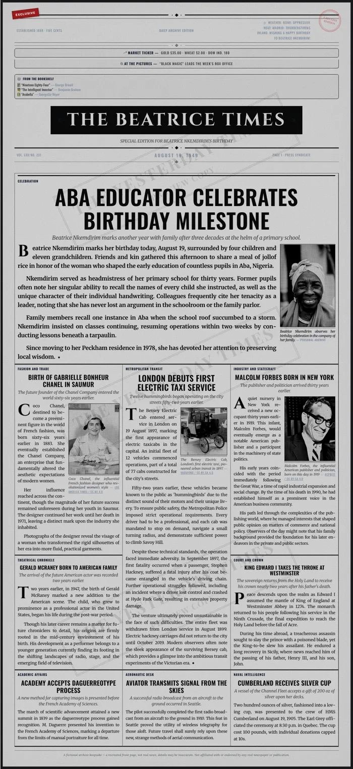 Birthday newspaper front page from 1949 on noir paper