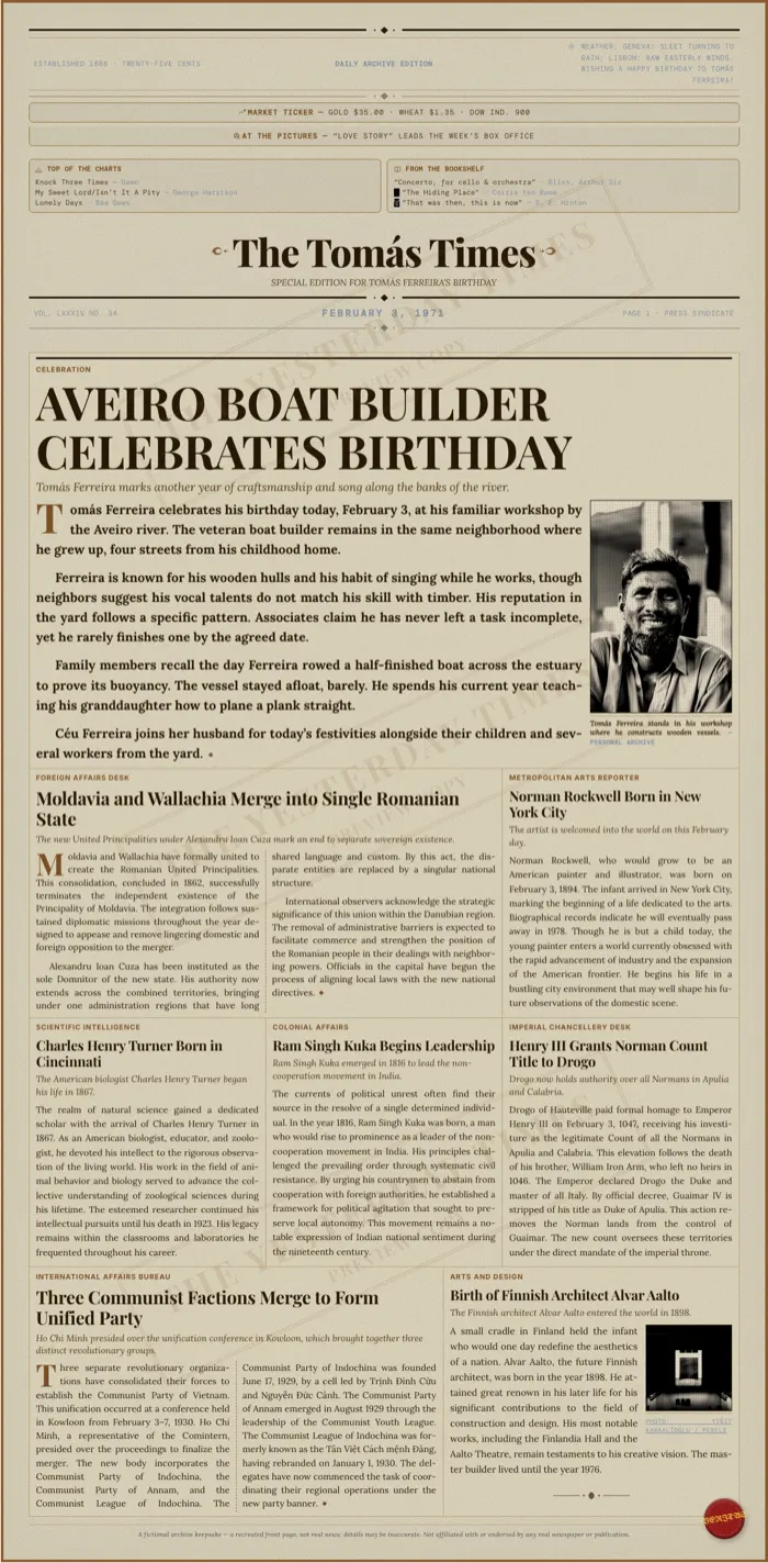 Birthday newspaper front page from 1971 on parchment paper