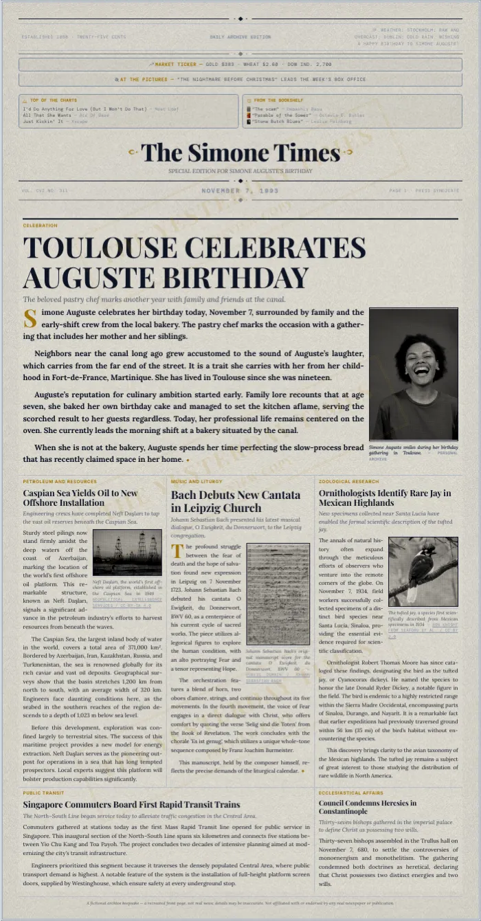 Birthday newspaper front page from 1993, with the birthday person as the lead story