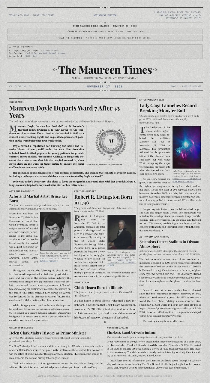 Retirement newspaper front page for a ward sister who started in 1983, on vellum paper