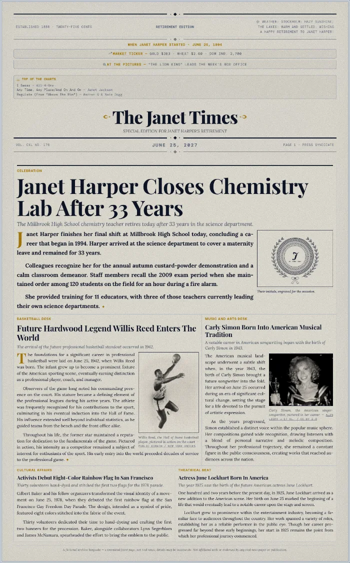 Retirement newspaper front page for a chemistry teacher who started in 1994, with the 1994 charts across the top