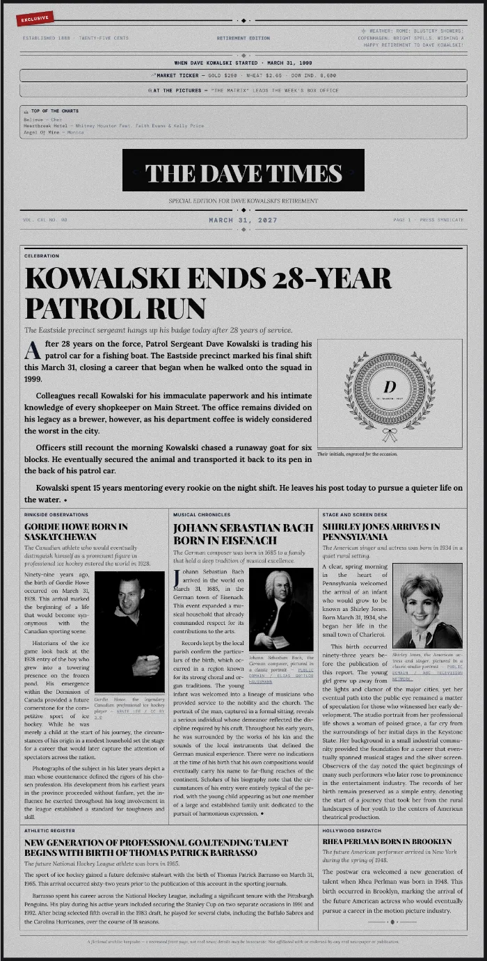 Retirement newspaper front page for a police sergeant who started in 1999, on noir paper