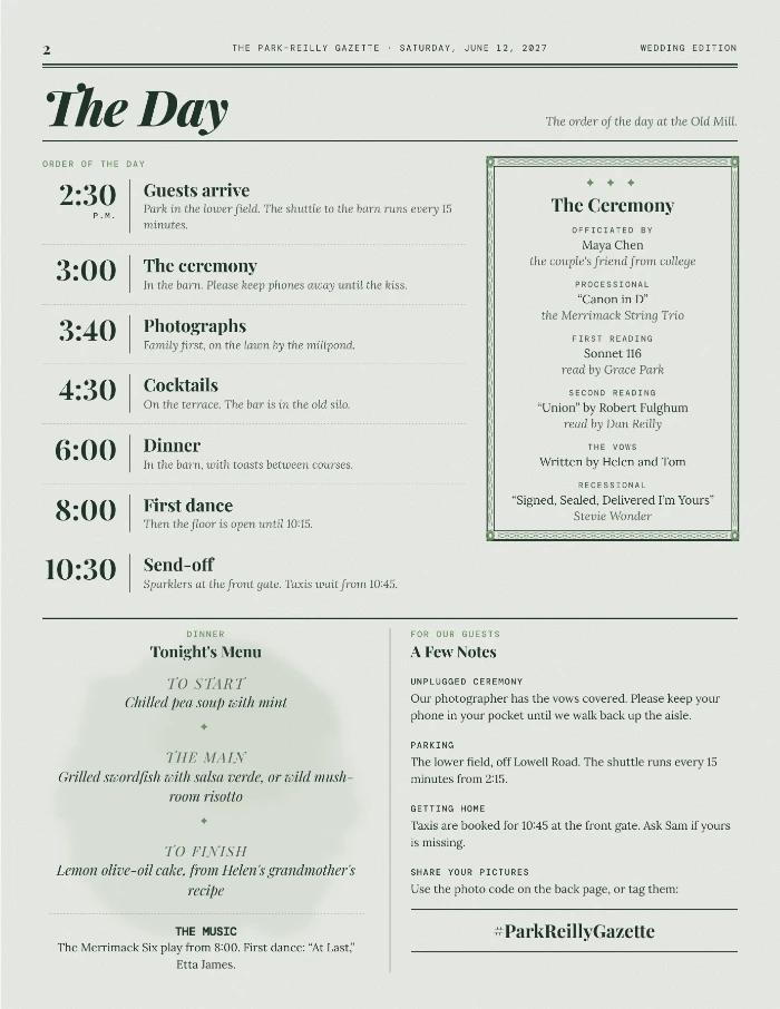 Page 2 of a wedding newspaper for a June 12, 2027 wedding, with the timetable, the ceremony and the menu