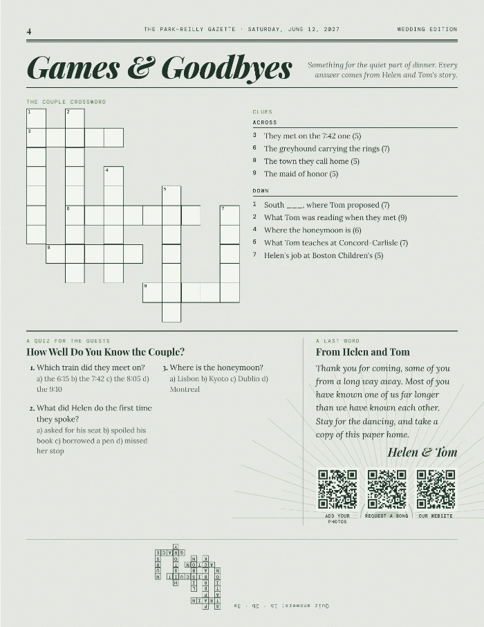Page 4 of a wedding newspaper for a June 12, 2027 wedding, with a crossword about the couple
