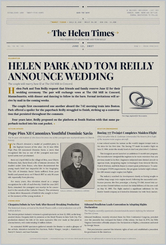 Newspaper save-the-date for a June 12, 2027 wedding in Concord, Massachusetts