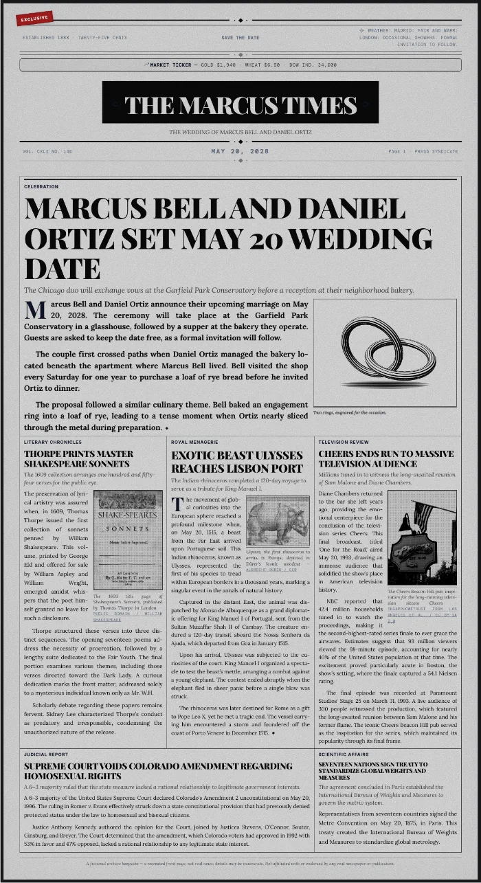 Newspaper save-the-date for a May 20, 2028 wedding in Chicago, on noir paper