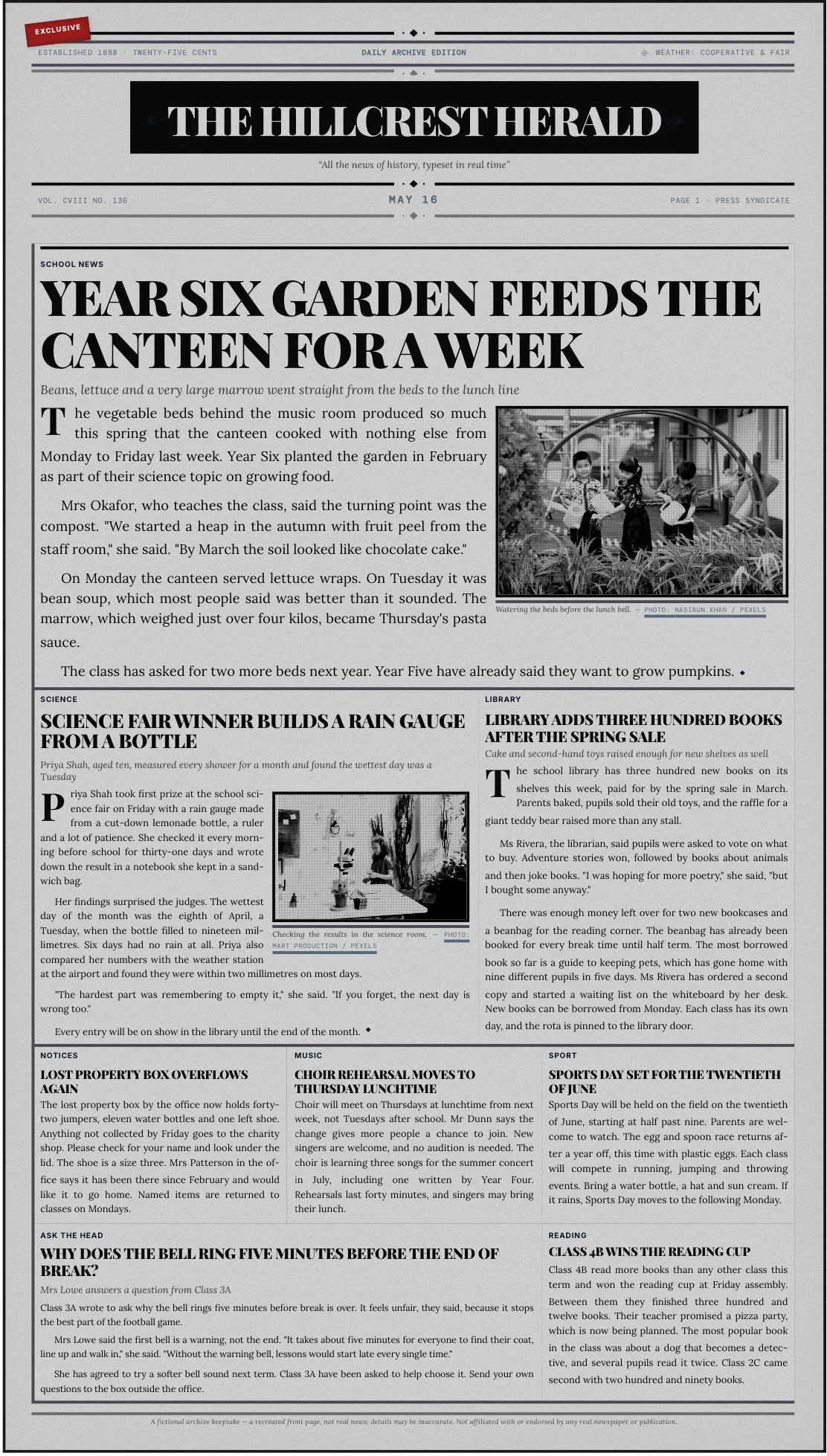 School newspaper example: a class front page in black and white