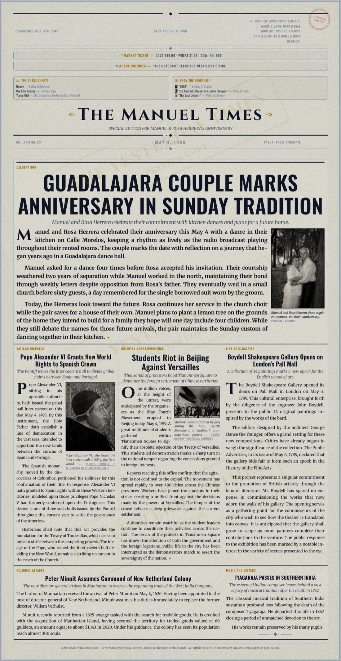 An anniversary newspaper front page with the couple as the lead story
