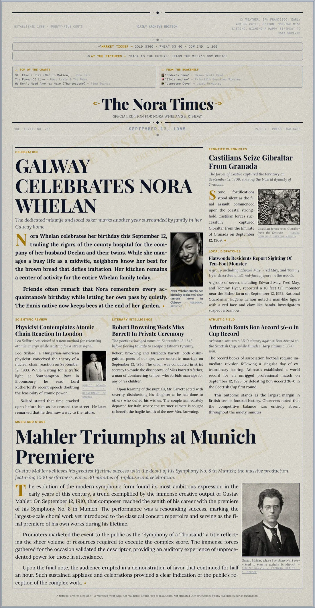 A birthday newspaper front page with the birthday person as the lead story