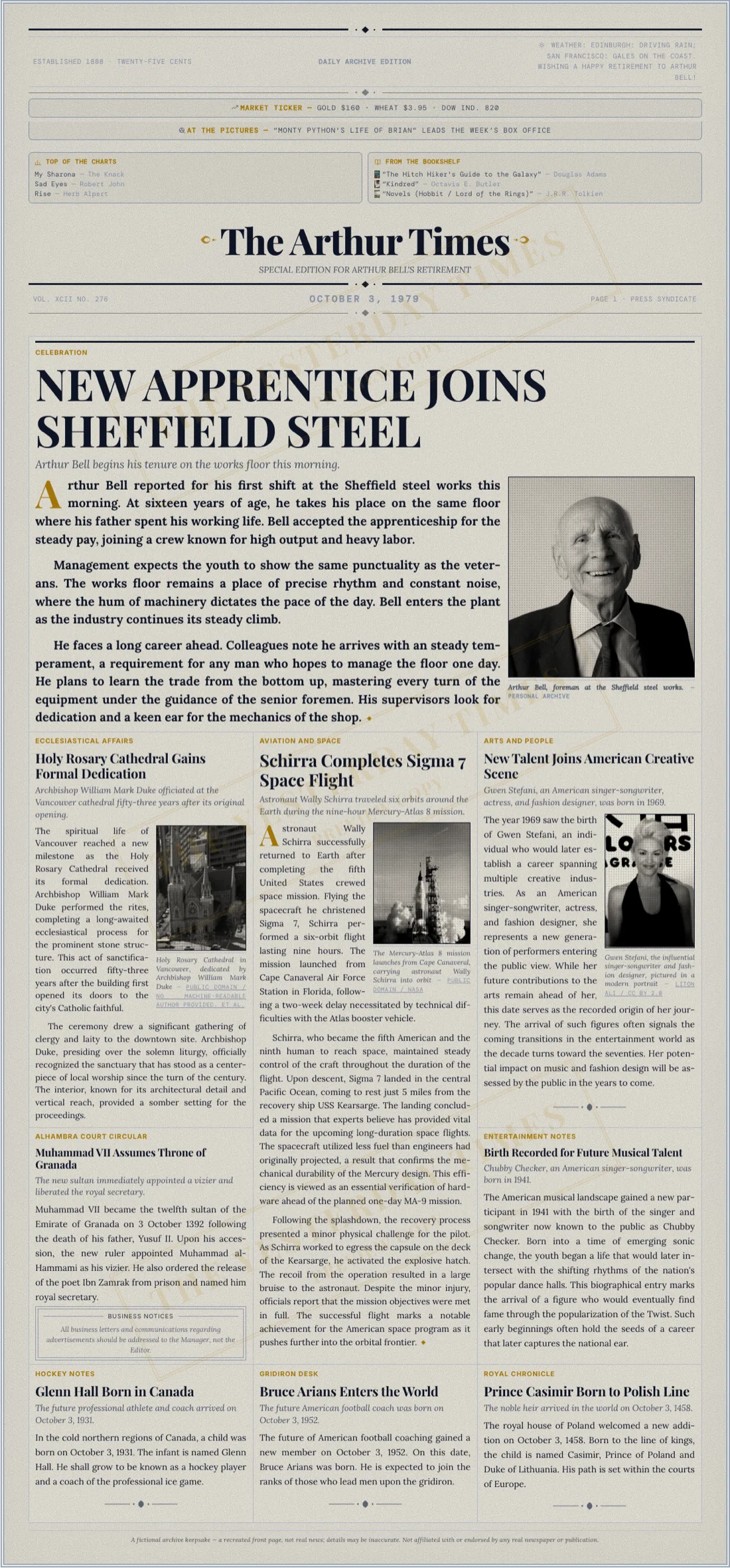 A retirement newspaper front page with the retiree as the lead story