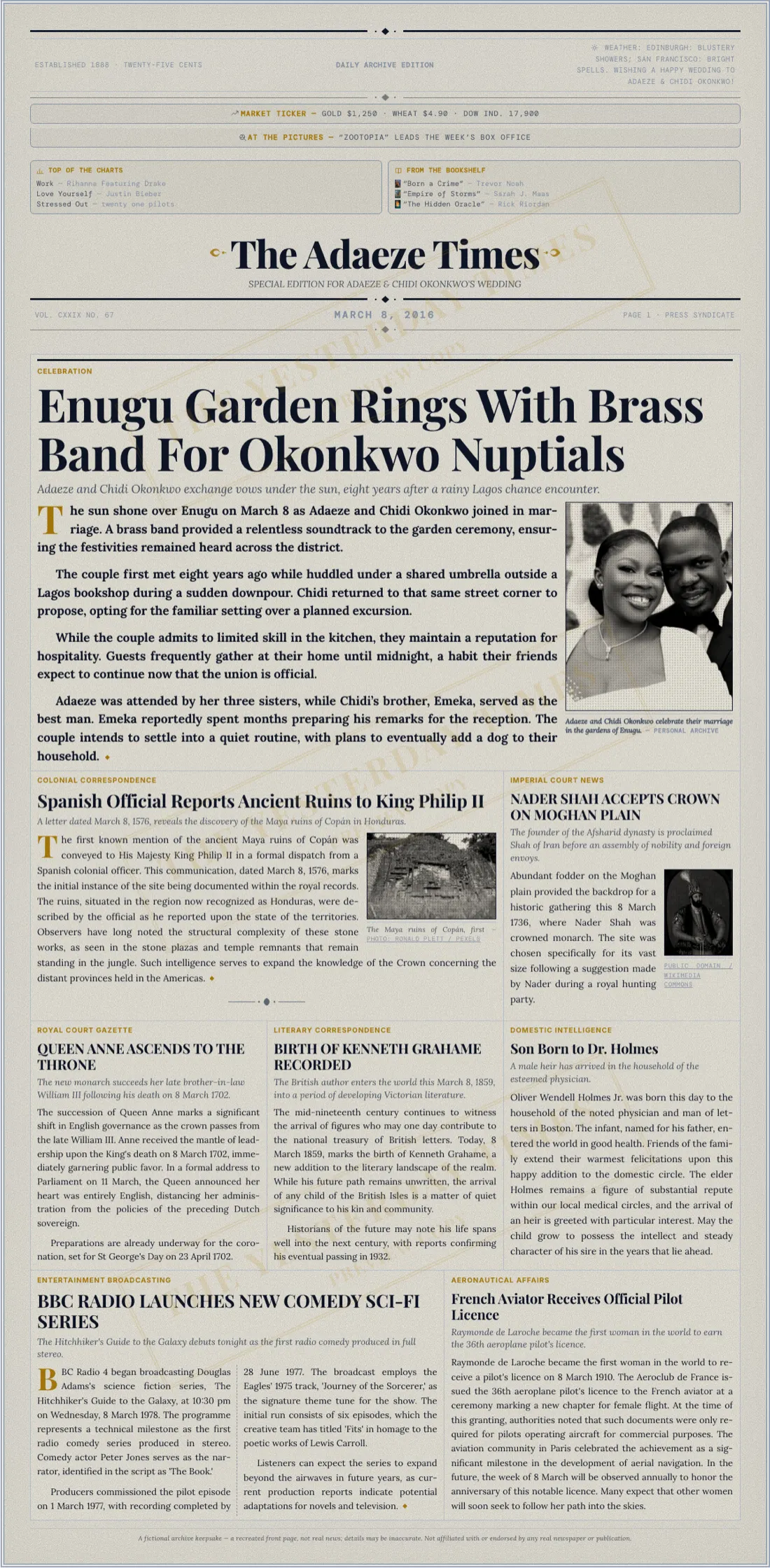 A wedding newspaper front page with the couple as the lead story