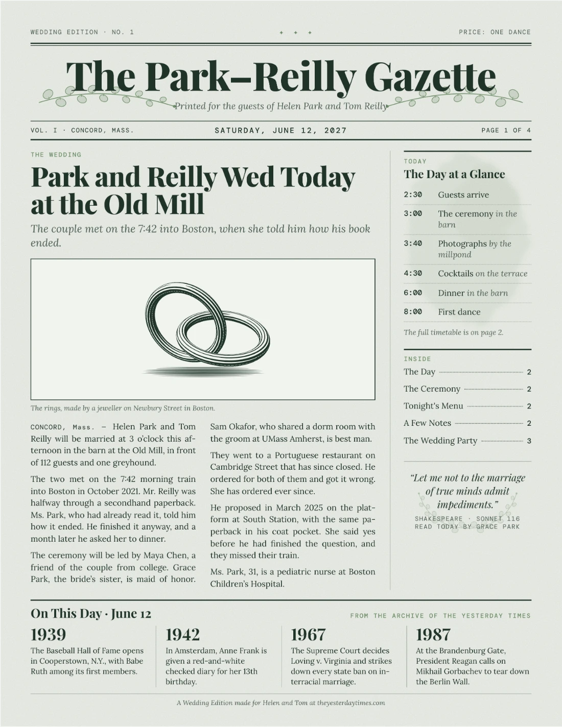 Front page of a wedding newspaper for Helen Park and Tom Reilly's June 12, 2027 wedding