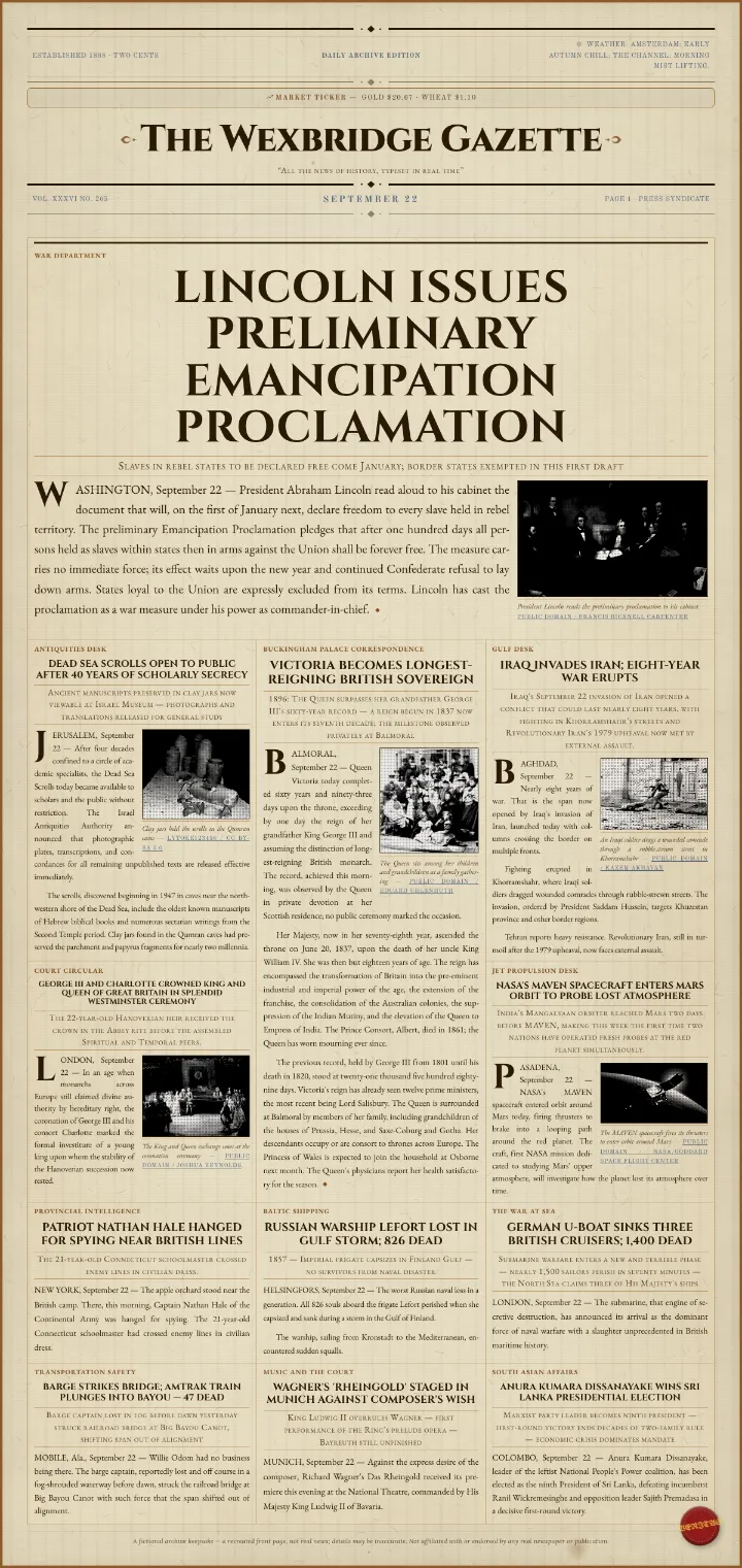 Civil War gazette newspaper template on parchment, leading with Lincoln issuing the Emancipation Proclamation