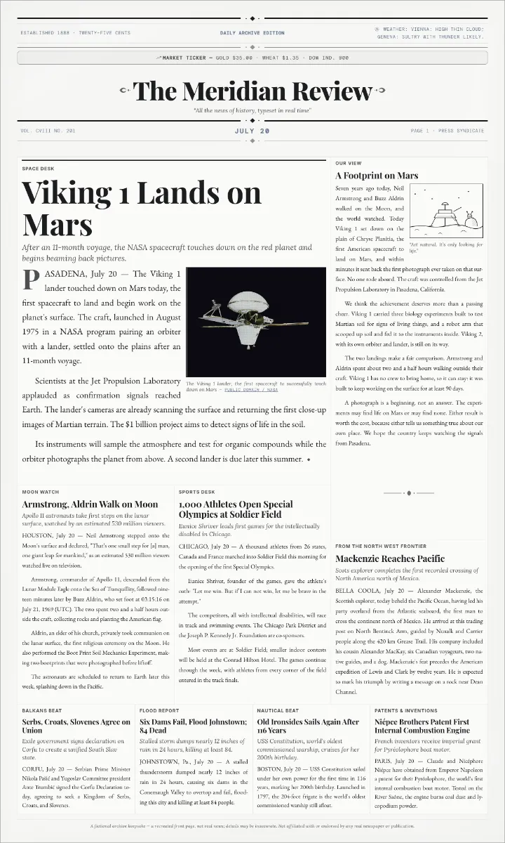 Modern newspaper template with the paper's own column and a cartoon beside the lead, Viking 1 landing on Mars in 1976