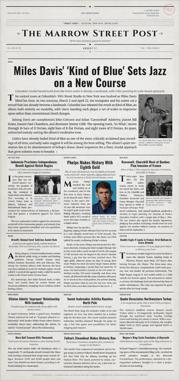 1950s newspaper template, leading with the release of Miles Davis's Kind of Blue