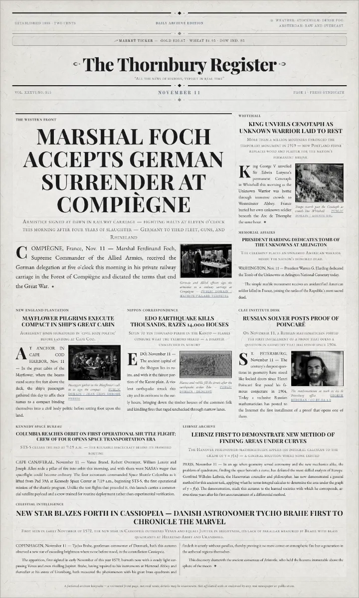 First World War newspaper template, leading with the armistice signed at Compiègne in 1918