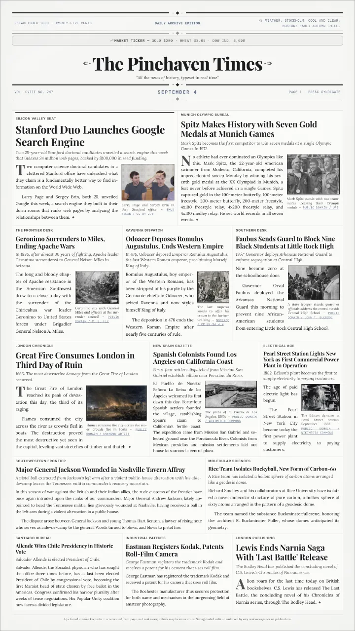 Modern newspaper template with thirteen stories, leading with the launch of Google in 1998