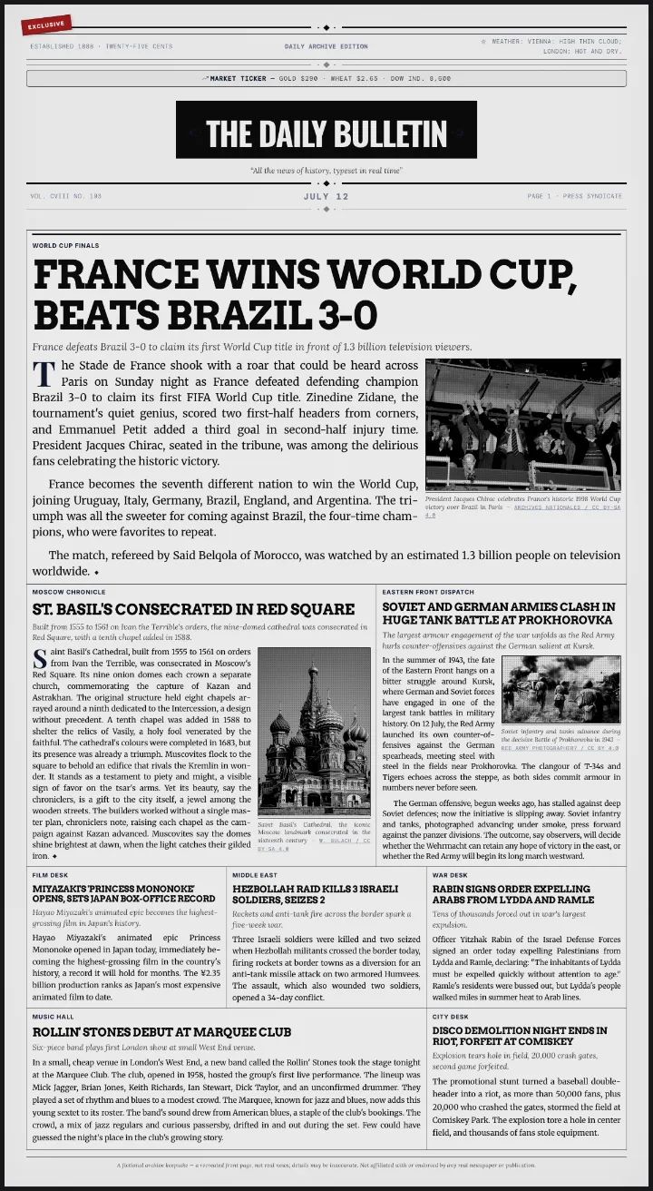 Modern black and white newspaper template, leading with France beating Brazil to win the 1998 World Cup