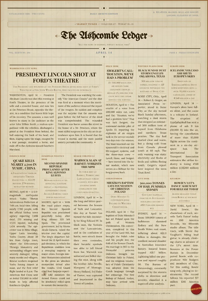 Old-time newspaper template set in type alone, ten stories under capital headlines, leading with the shooting of President Lincoln
