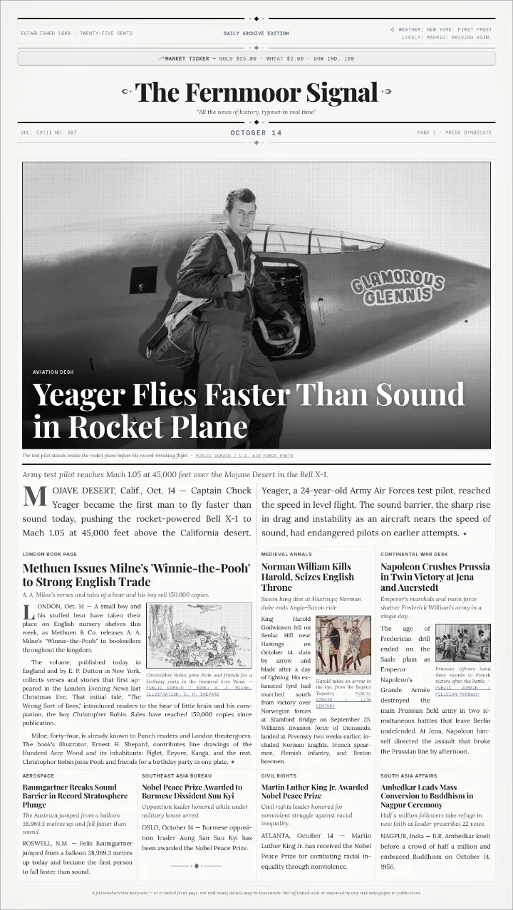 Modern newspaper template with one large photo across the top, leading with Chuck Yeager breaking the sound barrier in 1947
