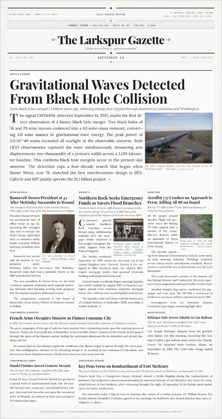 Modern science newspaper template, leading with the first detection of gravitational waves