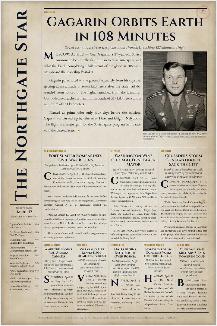 Newspaper template with the paper's name running up the left edge, leading with Yuri Gagarin's flight into space in 1961