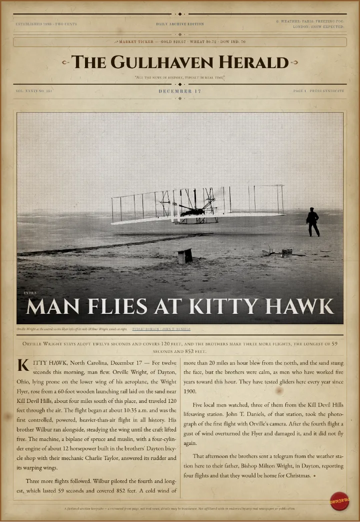One-story special edition newspaper template on old paper, given over to the Wright brothers' first flight in 1903