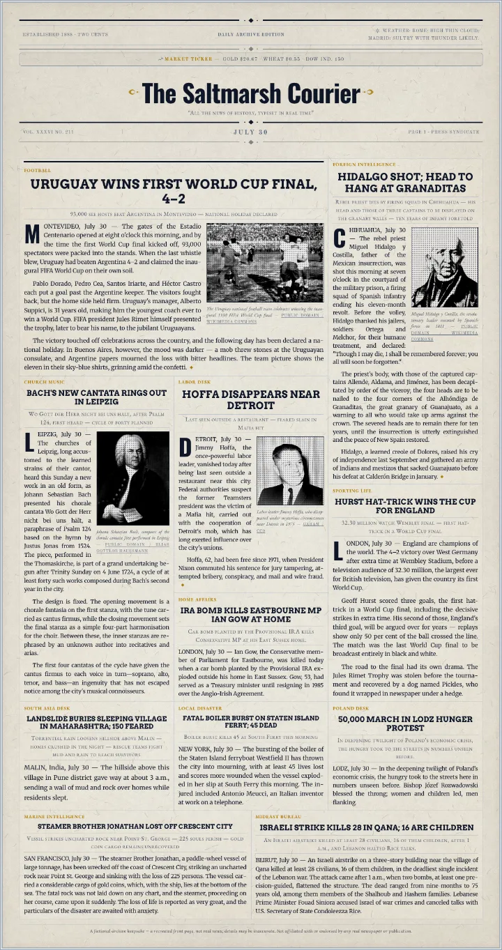 Old sports newspaper template on sepia paper, leading with Uruguay winning the first World Cup in 1930