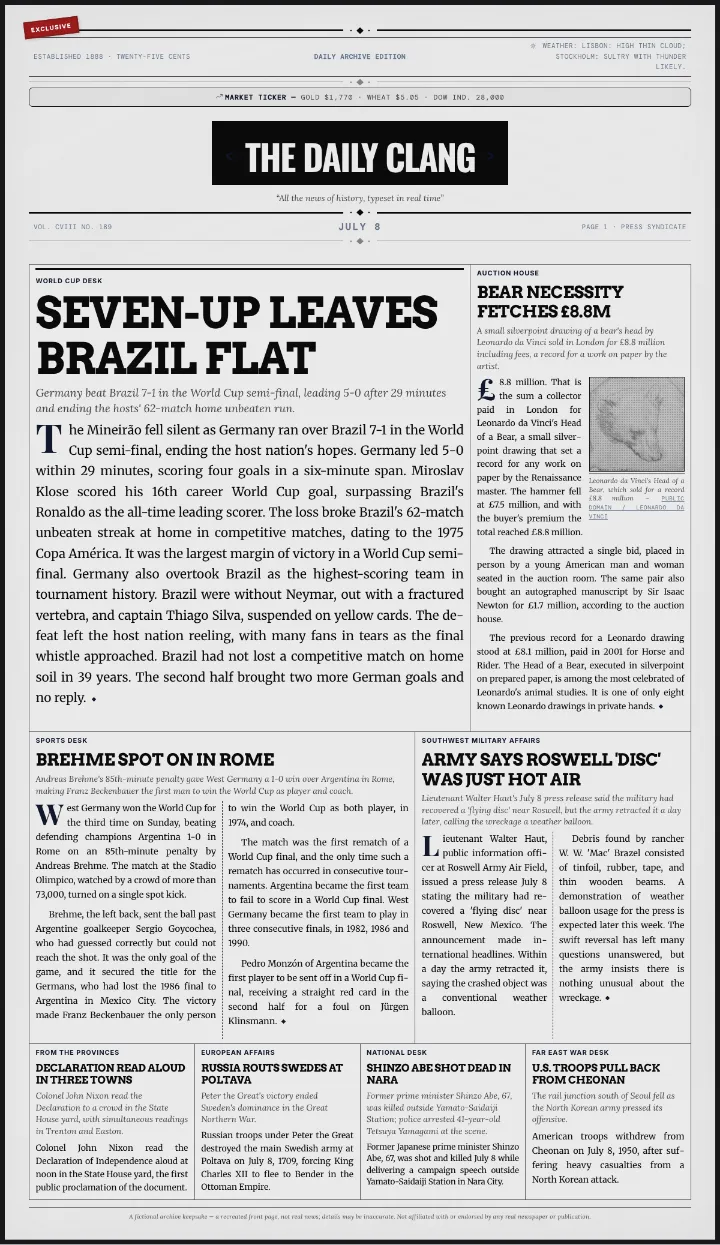 Black and white tabloid newspaper template with four joke headlines, leading with Germany beating Brazil 7-1 in 2014
