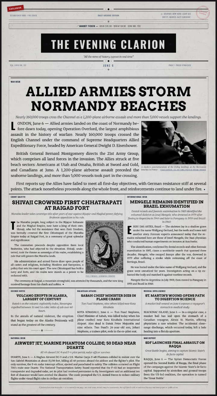Black and white wartime newspaper template, leading with the D-Day landings in Normandy